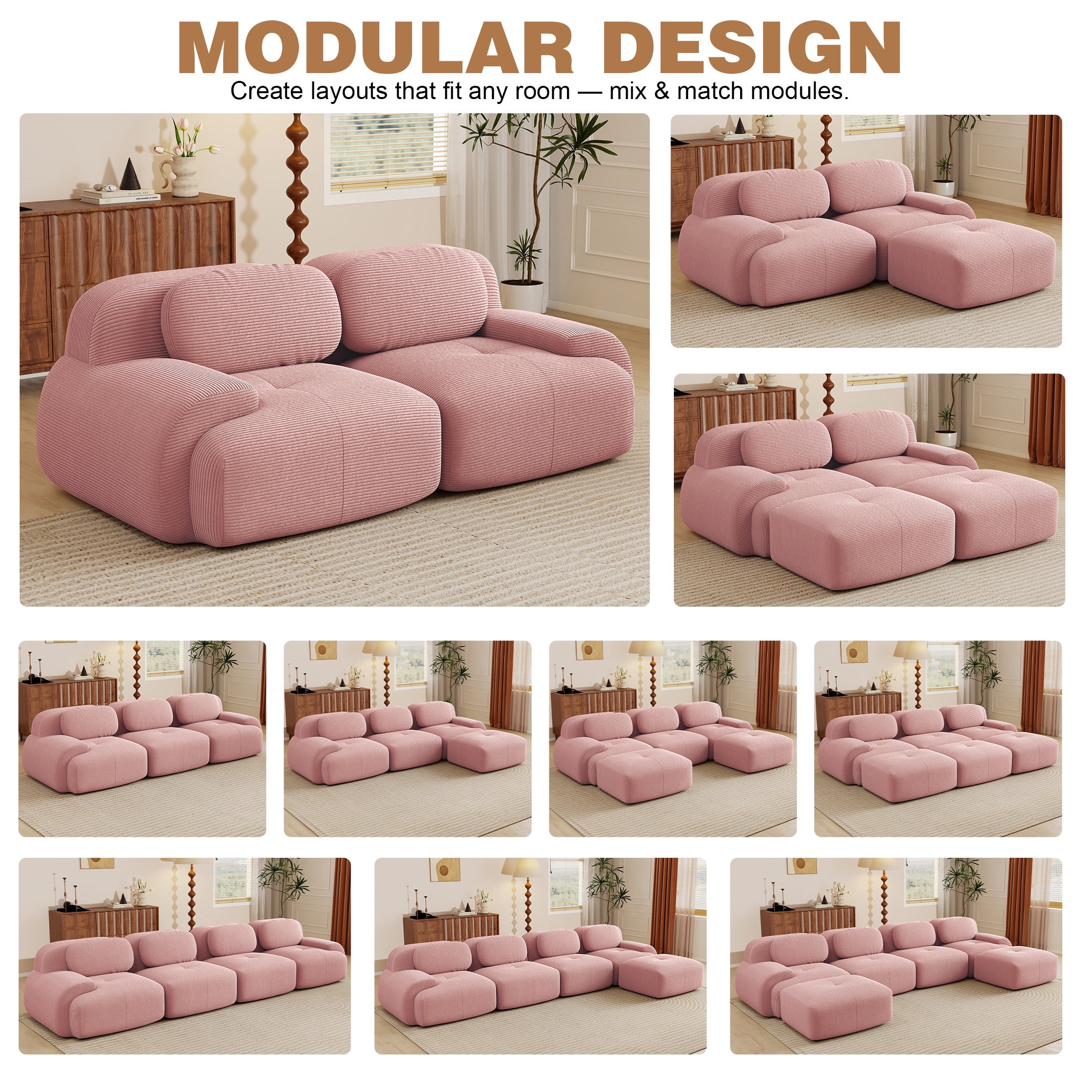 Aukfa 82" Modular Sectional Sofa-28" Deep Seats, Corduroy Fabric, Cloud-Comfort Loveseat, Pink