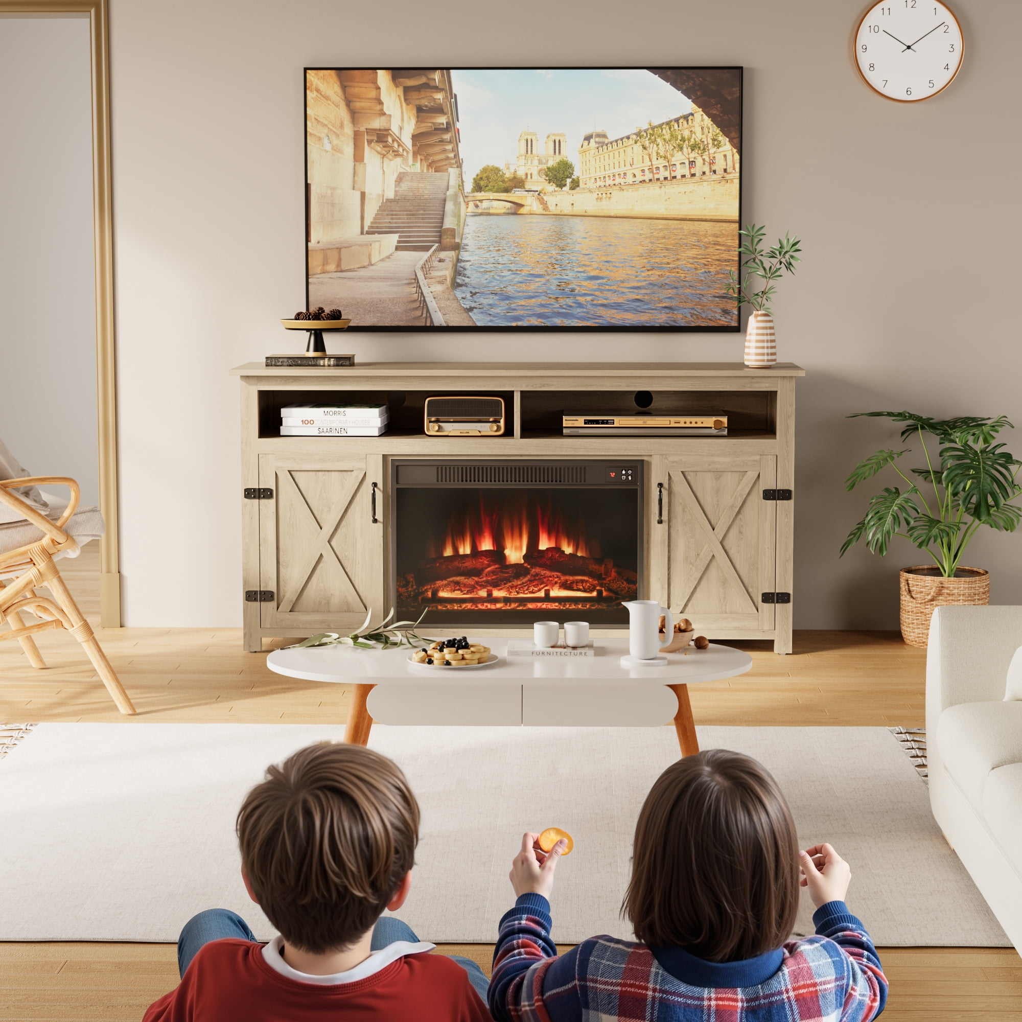 Homall Rustic 65" Television Stand with Electric Fireplace & 2 Shelves, Wood Oaken, 15.1'' W