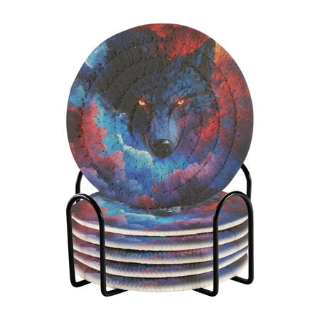 

6-Pack Coiled Coasters Set with Storage Rack Heat-Resistant for Home Office or Gift Wolf Face and Moon (3.94in Diameter)