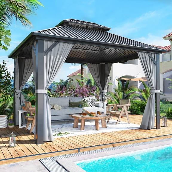 MUCHANT 10'x12' Hardtop Gazebo with Mosquito Netting & Curtains, Permanent Outdoor Double Roof Metal Gazebo for Patio Garden Lawn