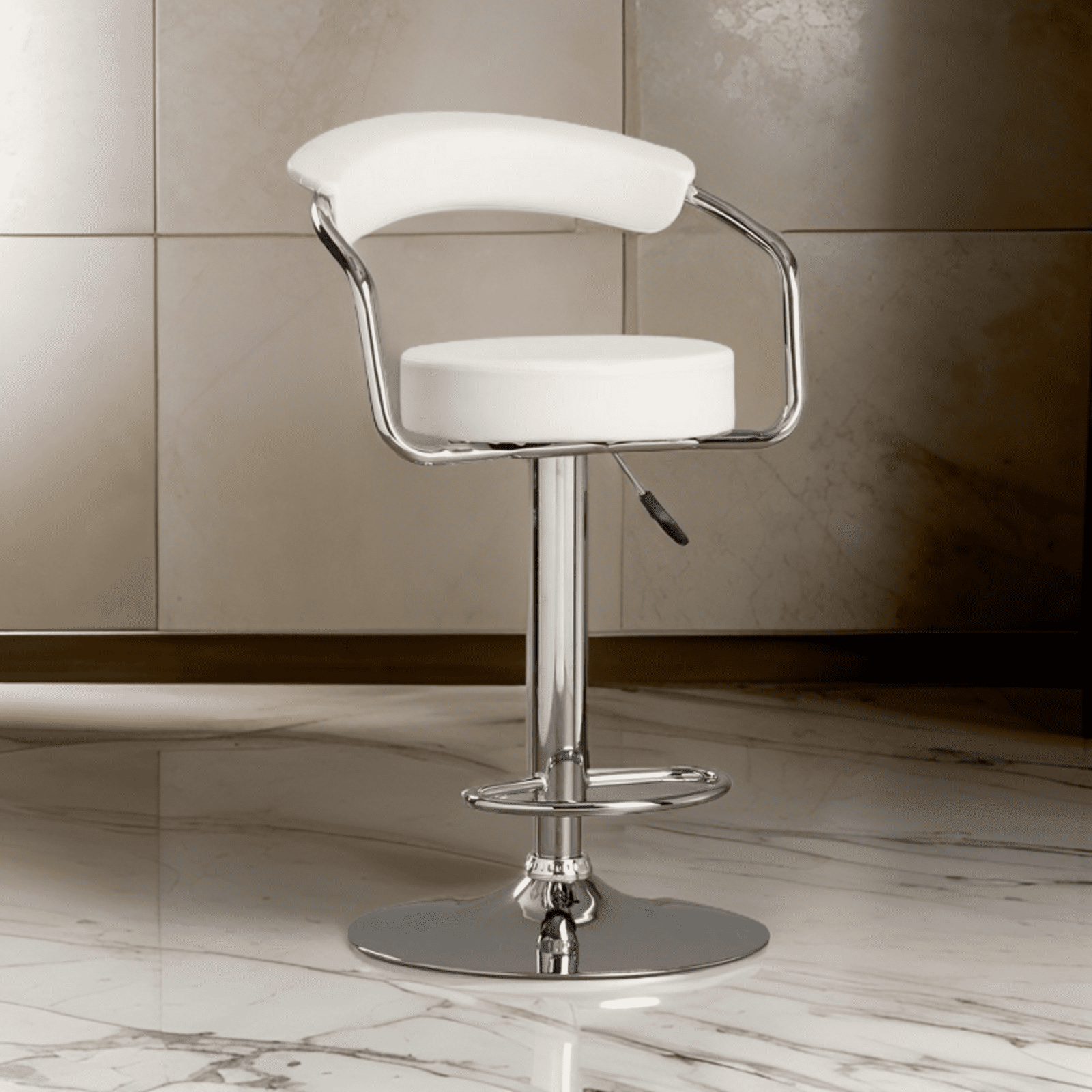 Heavenly Collections Modern White Faux Leather Adjustable Swivel Bar Stool, Chrome Pedestal Base, Set of 1
