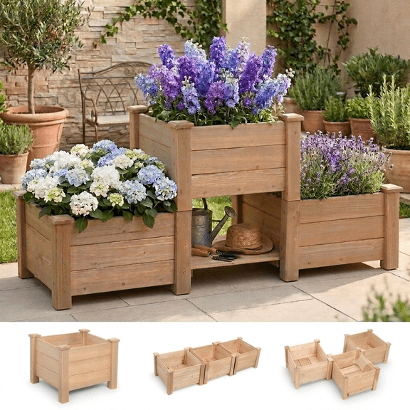 ORFELD 43.8" Solid Wood Garden Bed with 3 Separate Planter Boxes for Flexible Combination, Garden Box for Outdoors, Gardens, Courtyards, and Balconies