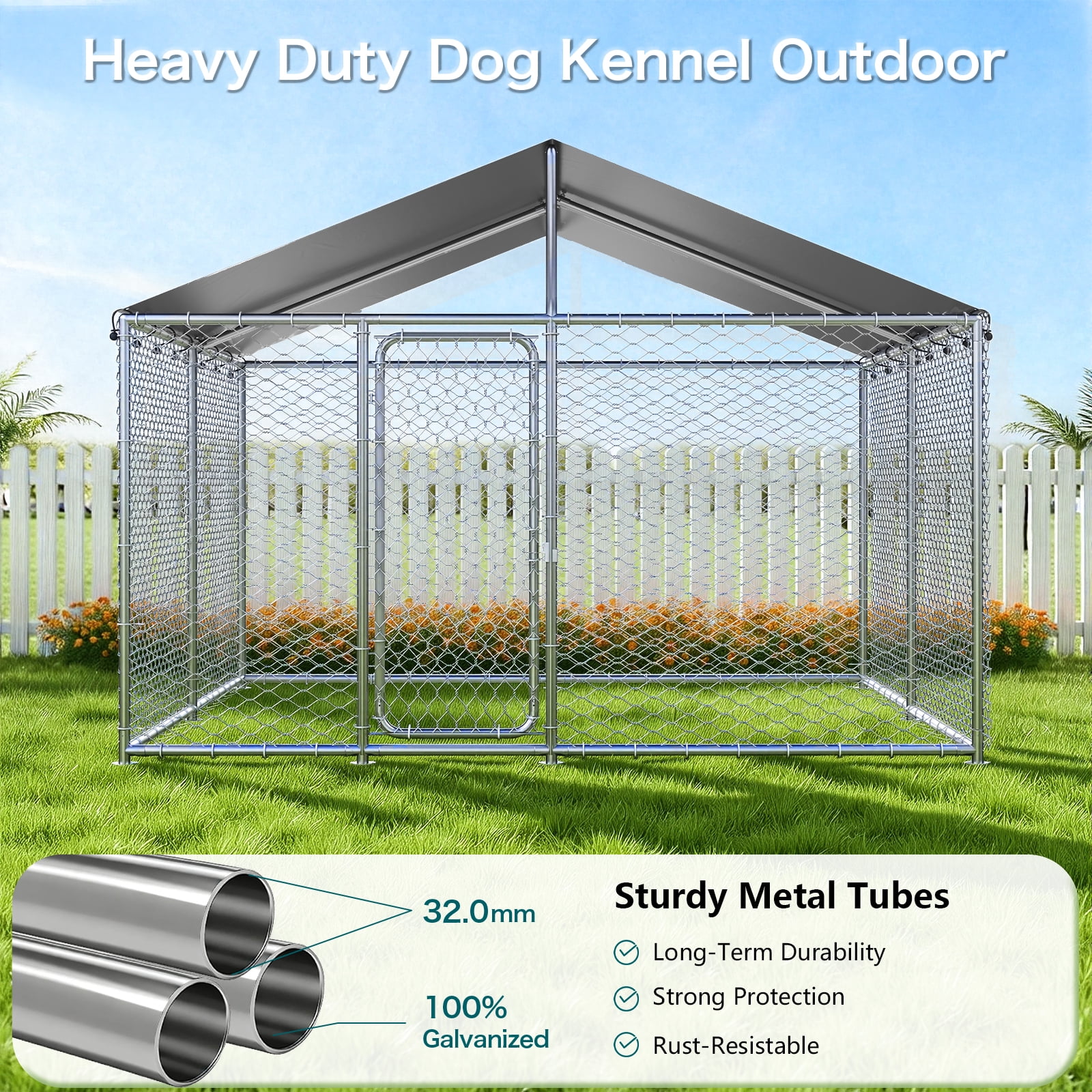 YOKWOK 10x10ft Outdoor Dog Kennel Outside with Metal Large Dog Gate, Outdoor Dog Pens with Roof, Heavy Duty Dog Kennel for Backyard Farm Use