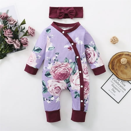 

Gubotare Baby Bodysuit Girl Fall Rompers For Baby Boys Baby Girls 2Pcs Crewneck Sweatshirt Rib Knitted Long Sleeve Romper Floral Bodysuit Pullover Top Purple 3-6 Months