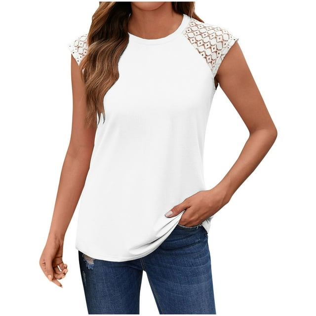UPPADA Débardeurs Mignons pour Femmes, Hauts Fluides à Empiècements de Dentelle, Col Ras du Cou, T-Shirts Décontractés, Chemises Tendance, Basiques, Coupe Ample, Blanc, m