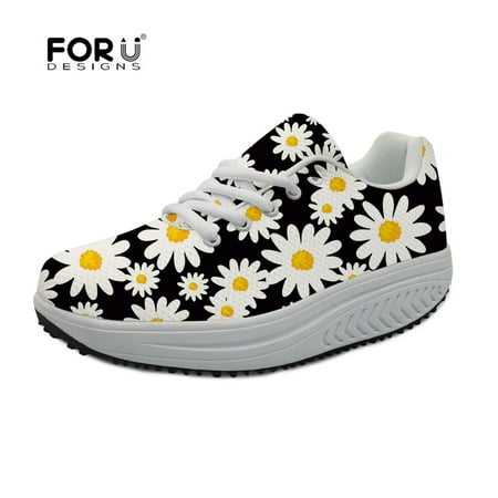 

Beauty Daisy White Floral 3D Printing Women Flats Shoes Casual Sneakers Platform Ladies Lace Up Swing Slimming Shoes