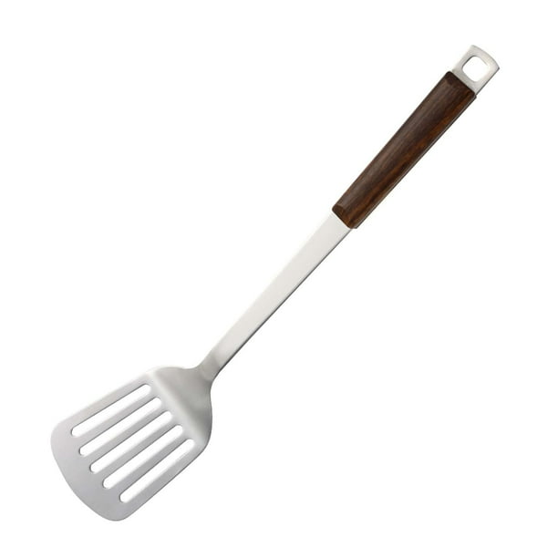 Cuchara de cocina de acero inoxidable con mango de madera. Utensilio de cocina para remover, servir y colar. Cucharón, espumadera, espátula y colador. Herramienta de cocina doméstica para uso diario