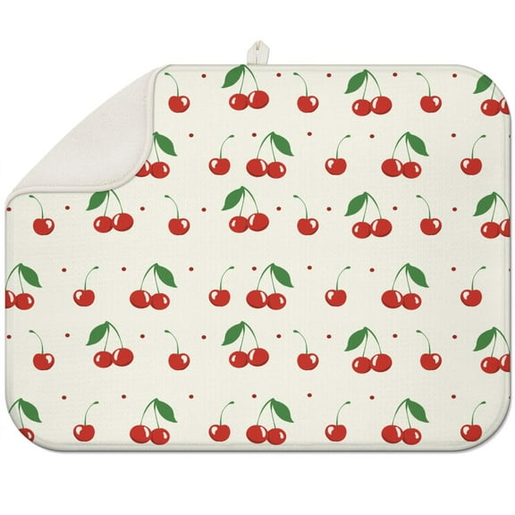 Aesthetic Cherry Print Kitchen Mat – Cute Fruit Pattern with Cherries, Illustration Style Red Cherry Drying Pad