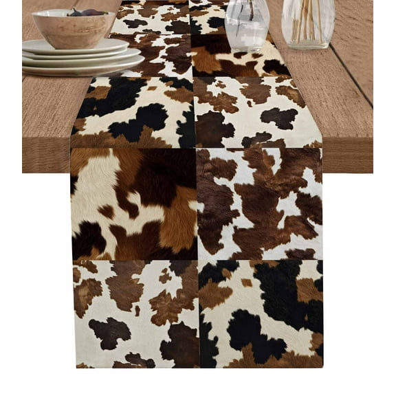 Cow Patterned Burlap Cotton Table Runner 16x72 Inches Long, Vintage Farmhouse Abstract Country Western Farmhouse Table Runners, Outdoor Dining Tablecloths Decor for Baby Shower/Party/Wedding