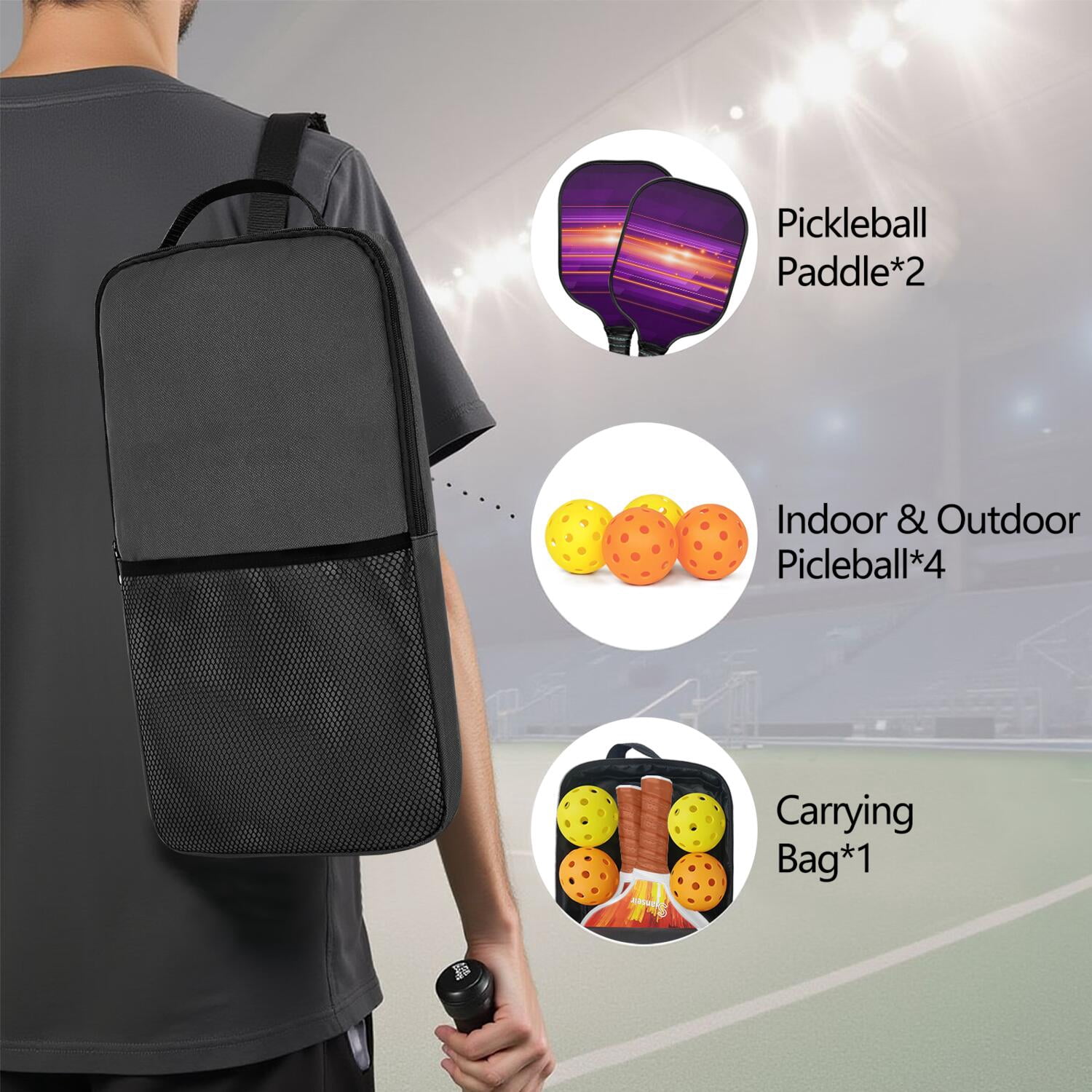 Pickleball Paddles Set Of 2, Fiberglass Surface, Thunder, Speed Print, 4 Balls & Bag