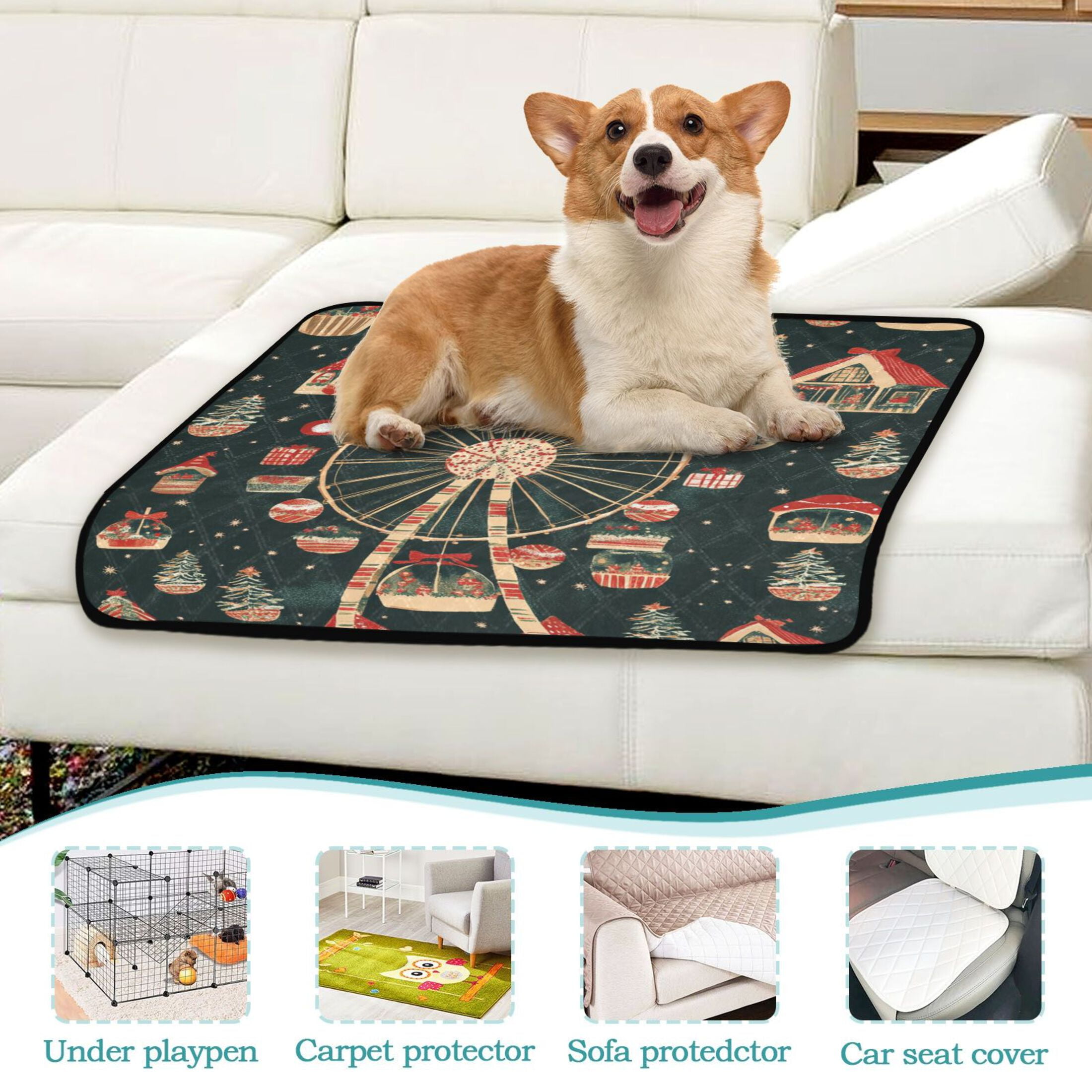 Qxltty Christmas Decorated Ferris Wheel Cat litter Pads Pet Set of 3 Diaper Mats Center Anti-leakage Layer Absorbent Soft and Comfortable