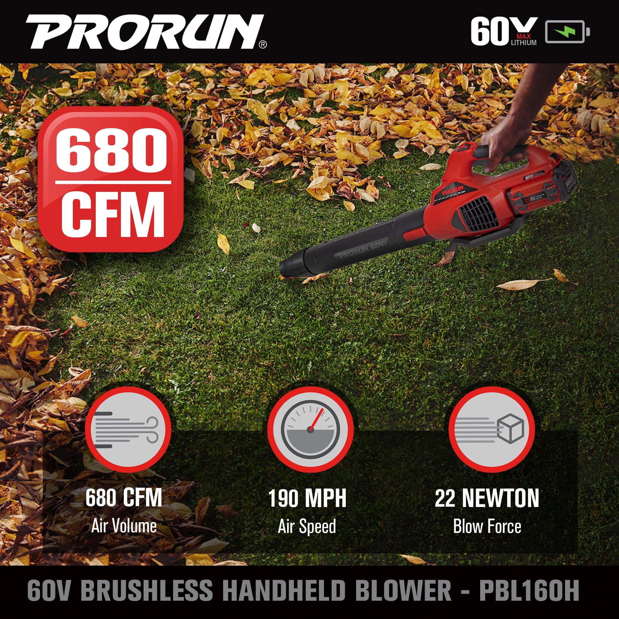 PRORUN 60V 680 CFM 190 MPH Brushless Cordless Handheld Leaf Blower with 2.5 Ah Battery and Charger