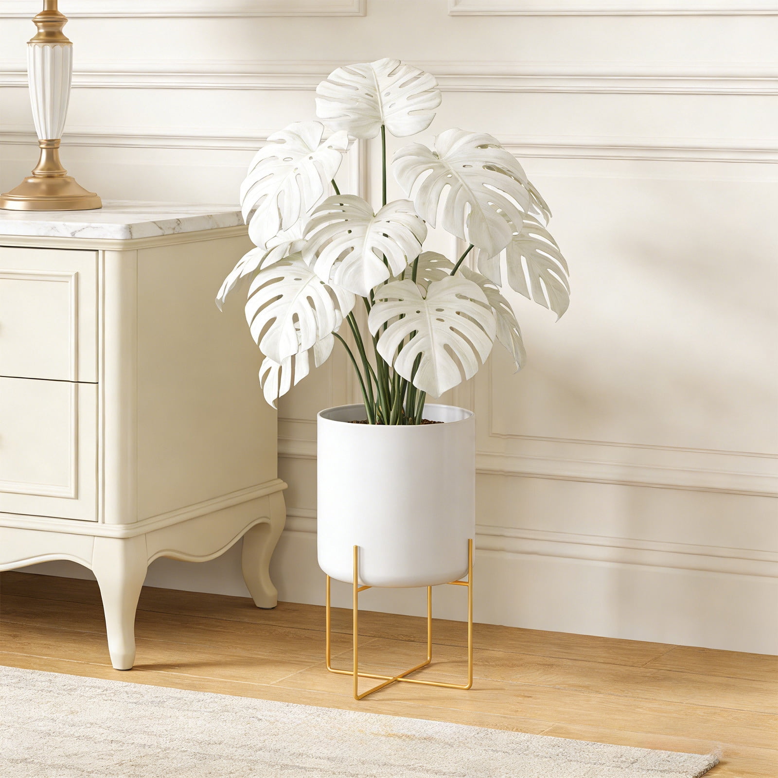 YiJuHui Large Planters for Indoor Plants Modern Metal Flower Pot with Stand Drainage Holes Decorative Floor Planter for Living Room Office Garden Balcony