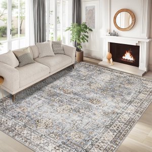 5 FTx7 FT Vintage Persian Area Rugs for Living Room, Non Slip Machine Washable Rugs Low Pile Distressed Indoor Rug Floral Print Carpet for Dining Room Bedroom Office, Blue