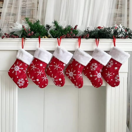 Christmas Stockings Red 6 Pcs 9 inches Mini White Snowflake Stockings for Xmas Home Decorations