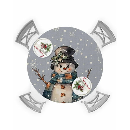 

Round Tablecloth with Elastic Christmas Cartoon Snowman with Snowflakes Blue Waterproof Stain-proof Table Cover Wipeable Fitted Table Cloths for 55 -60 Round Tables Dining Kitchen Indoor Outdoor Use