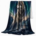 thumbnail image 2 of Gray Wolf Beneath Aurora Skies, Realistic Fantasy Wildlife Illustration Composition, Just Because Gift for Wolf Art Enthusiasts, Cozy Flannel Blanket and Home Decor for Living Room and Bedroom, 2 of 7