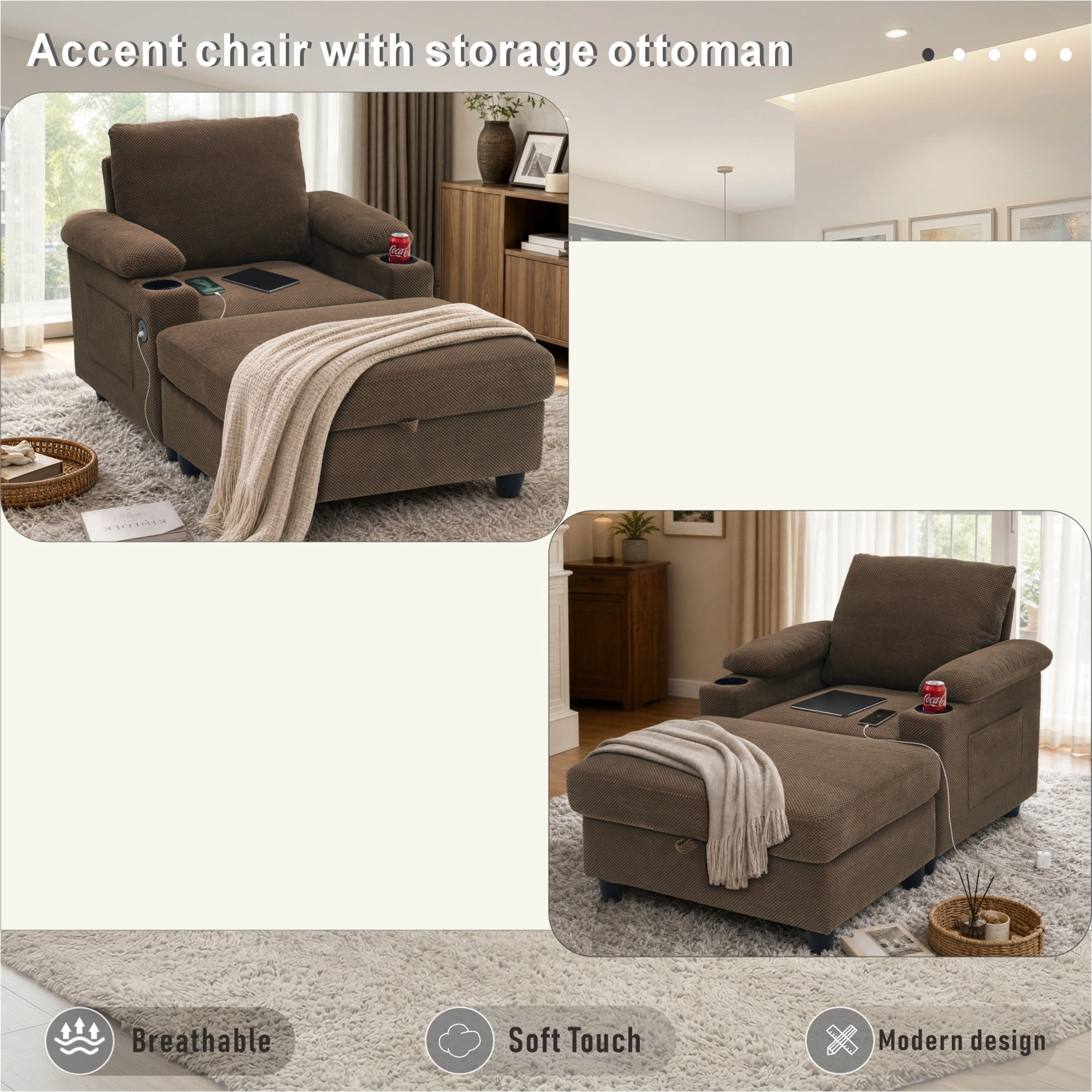 GDF Studio Abriel Accent Chair with Storage Ottoman, USB Ports & Cup Holders, Versatile Chaise Lounge, Coffee