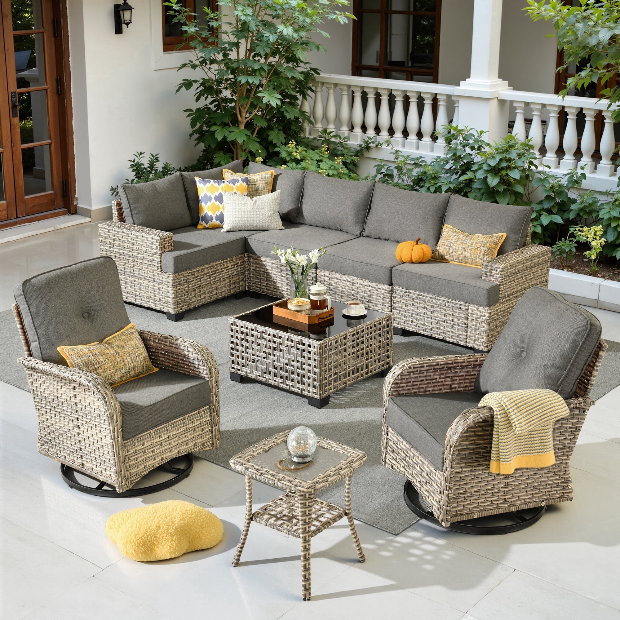 Toject 9 Pieces Patio Furniture Set Outside Furniture Wicker Patio Conversation Set with Swivel Chairs, Outdoor Furniture for Garden, Dark Gray