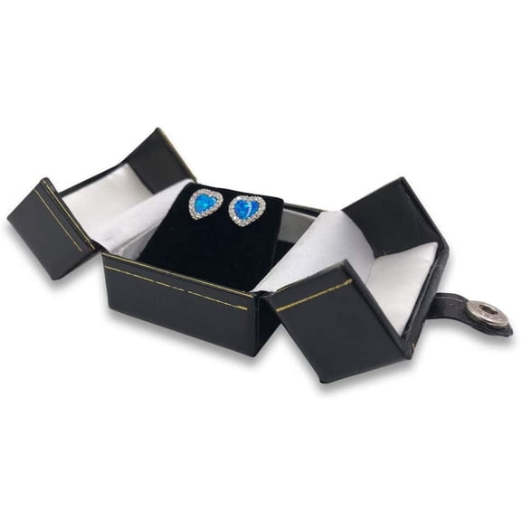 1 Qty - Deluxe 2-Door Midnight-Black Leatherette BK,WH,BK Earring Jewelry Box with Snap-Tab closure and velvet insert