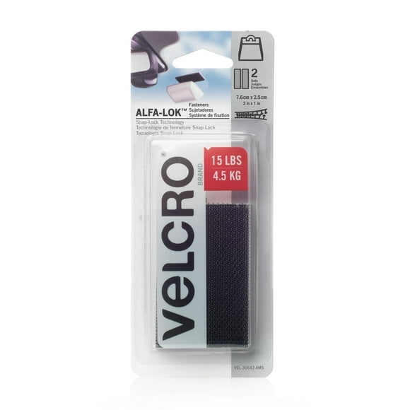 Bandes Velcro de marque ALFA-LOK 3 po x 1 po. 2 cts. noir. Attaches ALFA-LOK™, système de crochets HD.