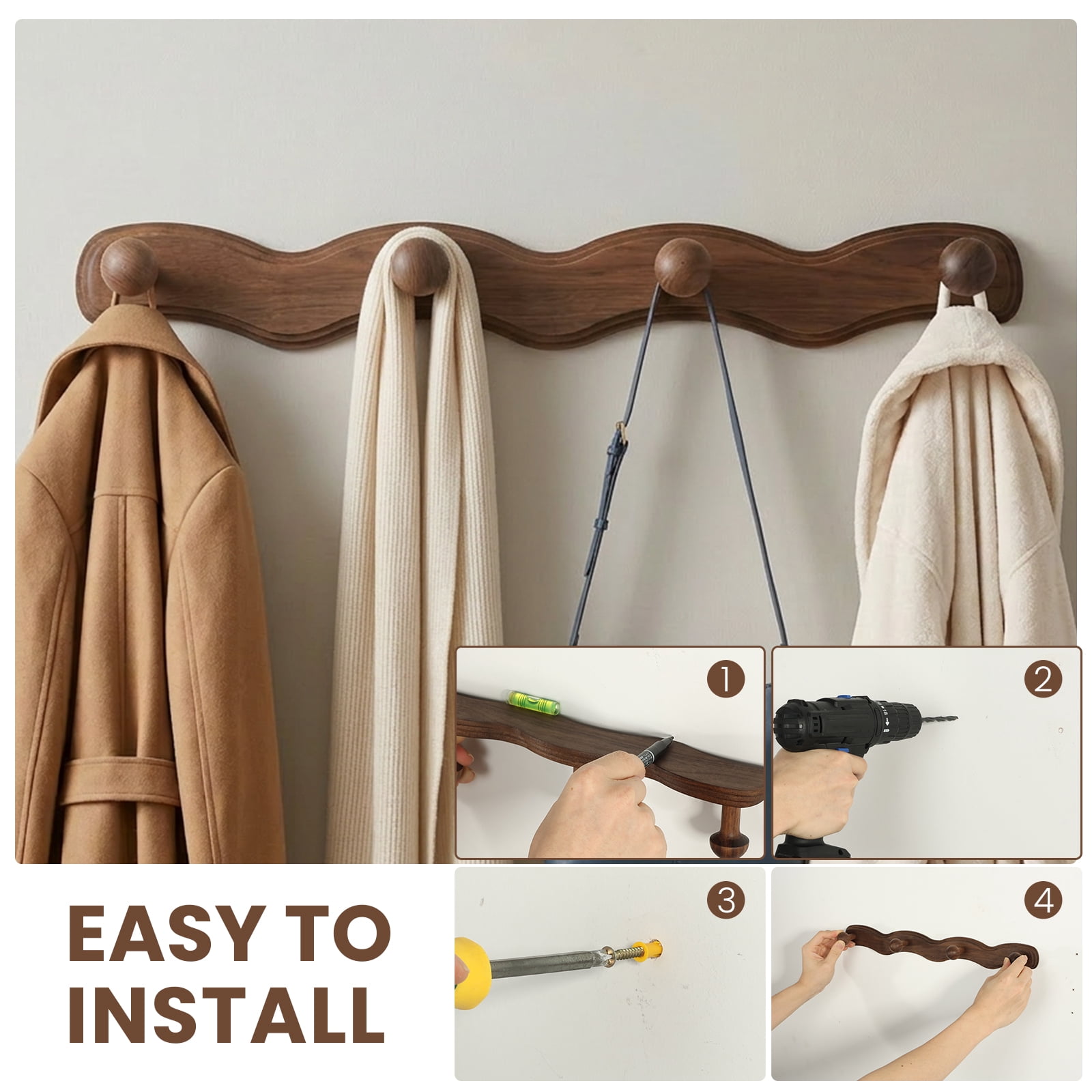 Wood Wall Mounted Coat Rack with 6 Hooks Wooden Hangers Wall Hook for Entryway Bathroom Bedroom Kitchen for Hanging Clothes Keys Robes Purse Towels Bags