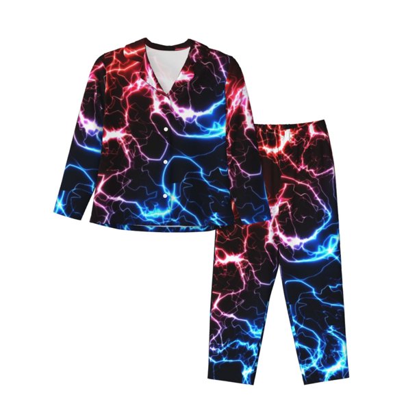 Balery Red And Blue Lightning Conjunto de Pijama con Estampado para Mujer, Conjunto de Dos Piezas con Manga Larga, Ropa de Dormir Suave con Bolsillos, Pijamas Cómodos-Large