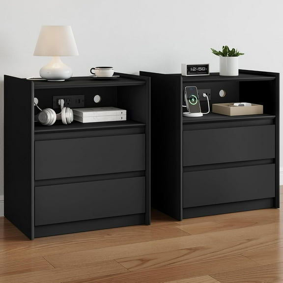 2 Drawers Black Nightstand Set of 2 with Charging Station, 24" Tall Bedside Table End Table for Bedroom or Living Room