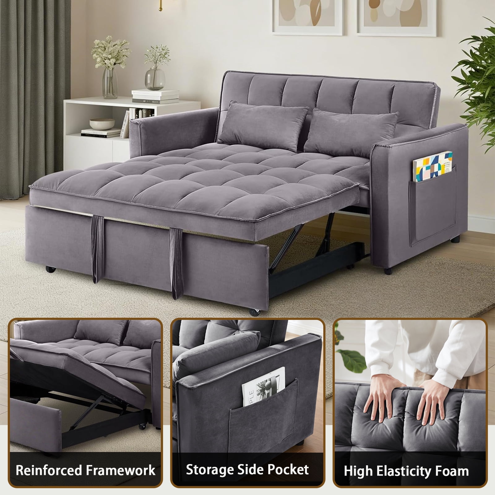 EPOWP 3 in 1 Folding Convertible Sofa Bed,55'' Pull Out Couch Bed with Side Pocket,Velvet Fabric Loveseat Sleeper Sofa with Adjustable Backrest,Easy Assembly,Perfect for Living Room,Grey