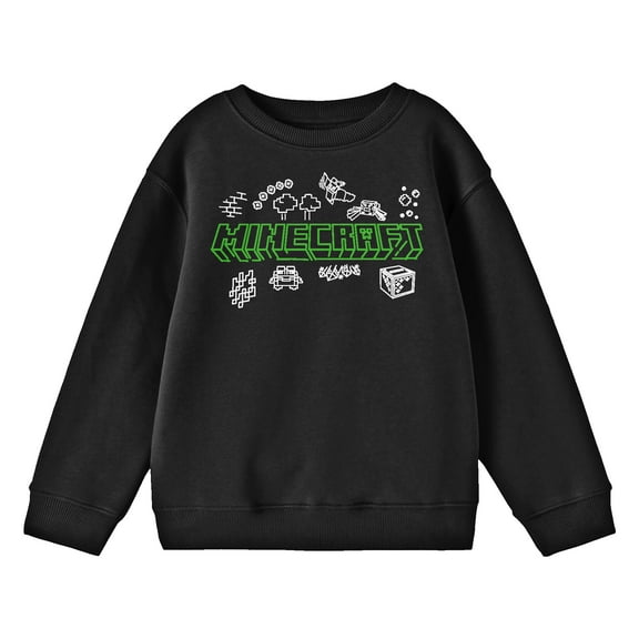 Minecraft Doodle Logo Crew Neck Long Sleeve Youth Black Sweatshirt-Medium