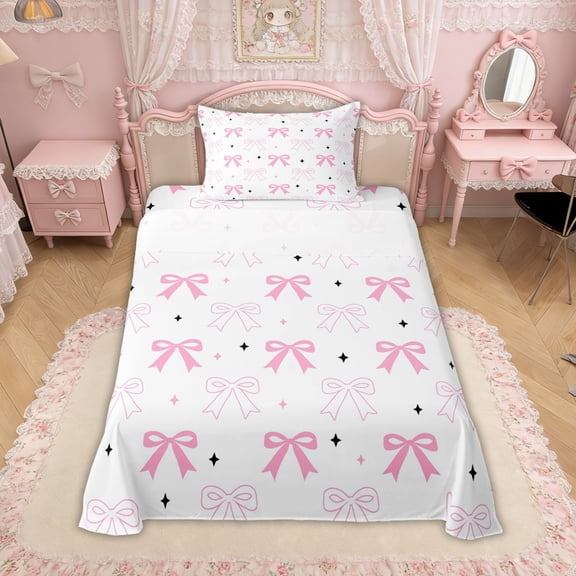 Erosebridal Pink Princess Bow Twin Sheet Sets for Girls Women, Cute Ribbon Star Bedding, 3 Pieces