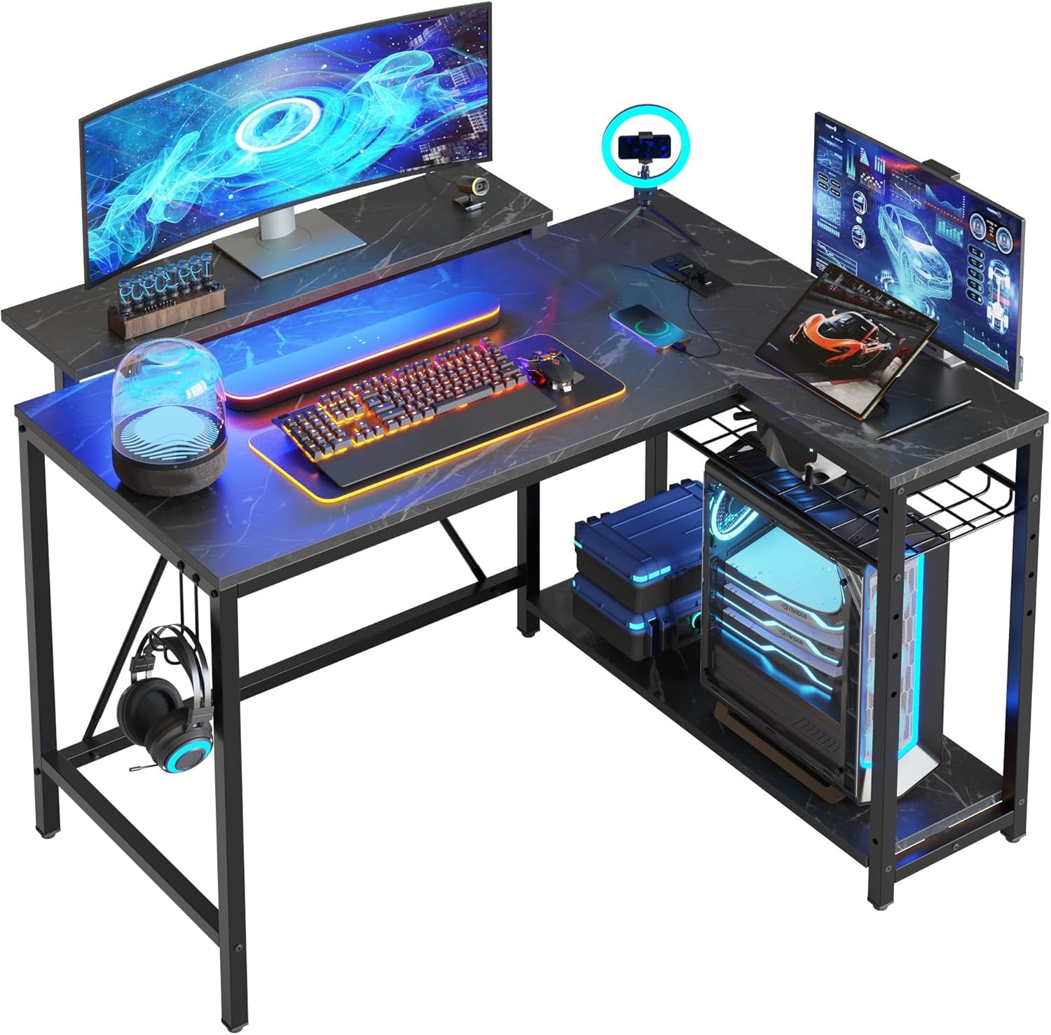 RSPGAME 42" Reversible L-Shaped Gaming Desk with Power Outlets, LED Lights, Monitor Stand & Headset Hooks for Small Spaces, Bedrooms & Home Offices, Black Marble