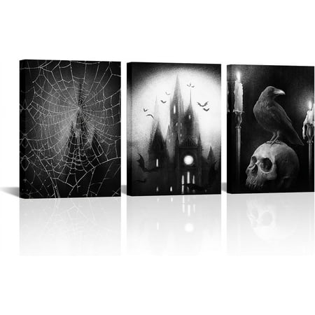 FCCUYE Gothic Wall Art Skull Wall Decor Halloween Decor Painting d Canvas Artwork Black and White Gothic Room Decor (16 x24 x3 Pieces)