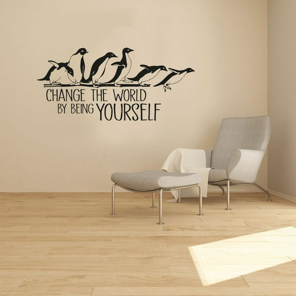Change The World By Being Yourself - Life Quote Cute Little Penguins Playing Penguins Swimming Vinyl Wall Art Sticker Decal Home Kids Nursery Room Study Room Boys Girls Décor Design Size (24x40 inch)