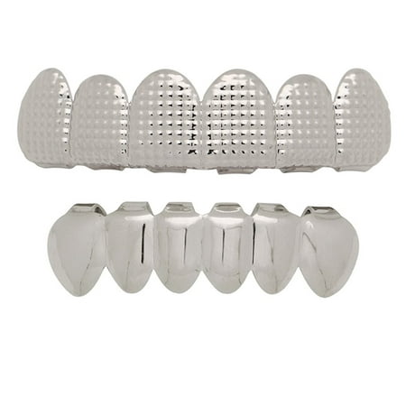 The Bling Factory 14K White Gold Plated Diamond-Cut Removable Top & Bottom Teeth Grillz Set