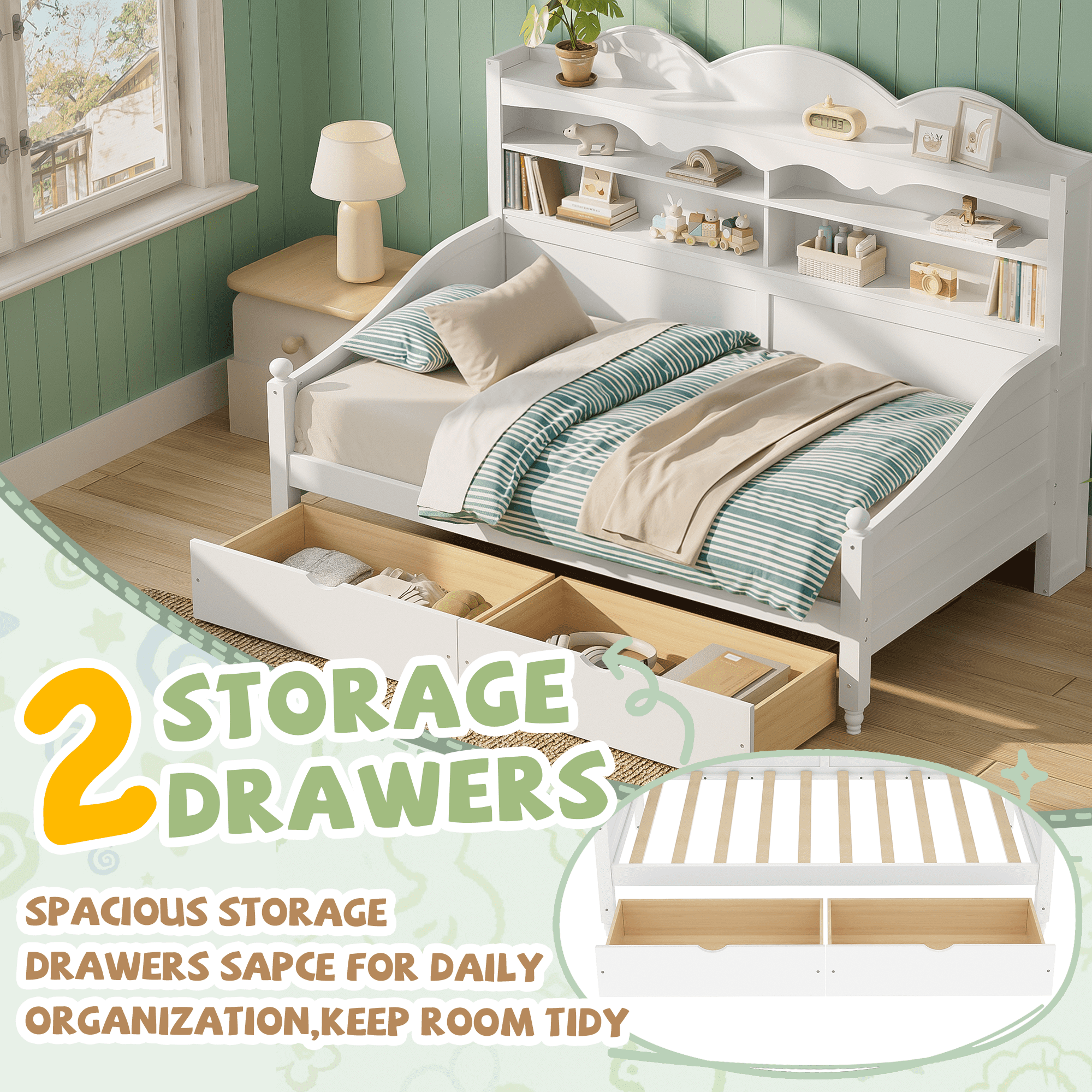 Euroco Wood Twin Size Daybed with Drawers, Captain Bed with Shelves, White