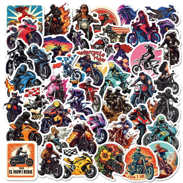 Paquete de pegatinas de vinilo Cool Rider para motocicletas, 50 unidades