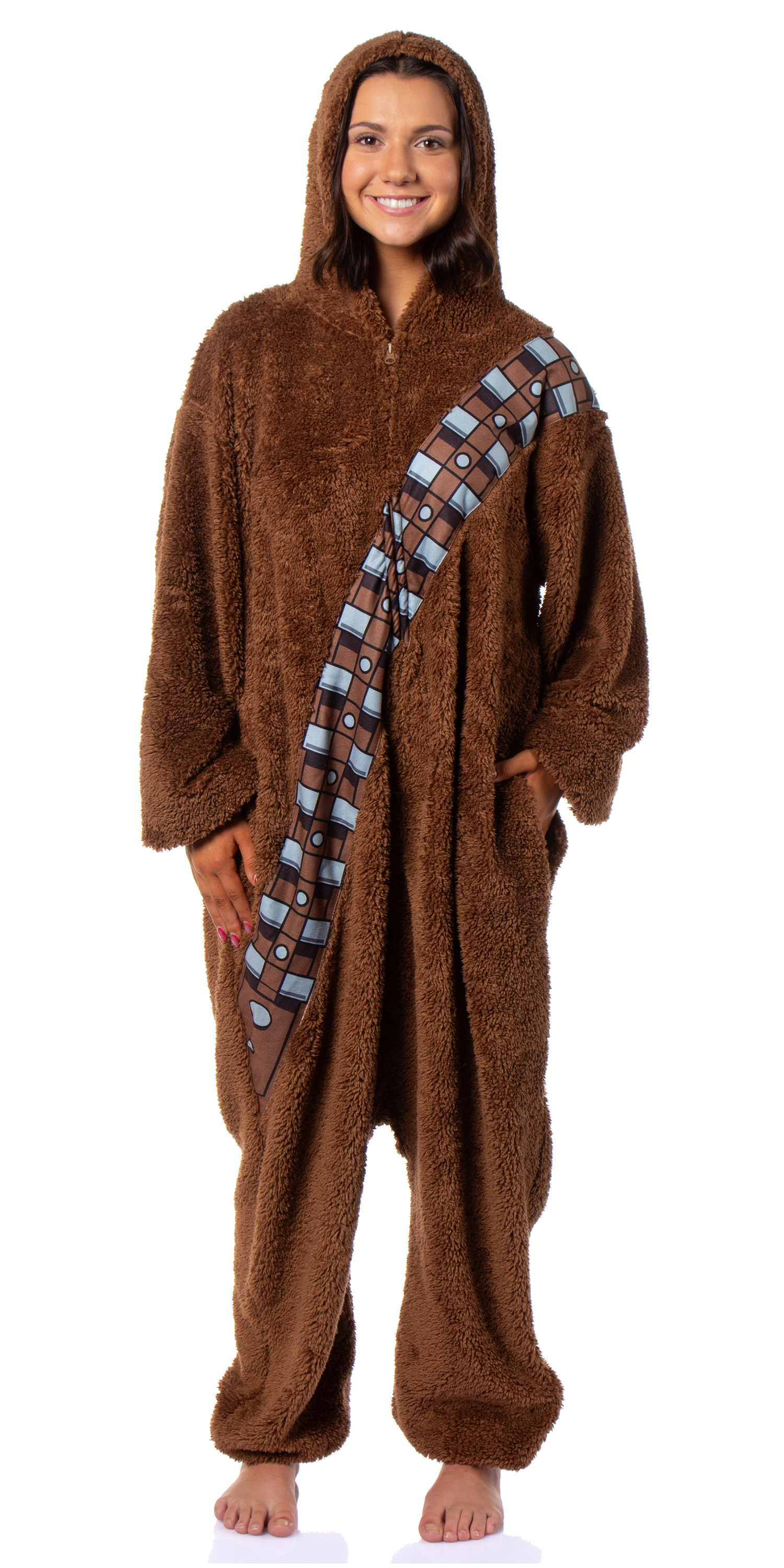 Star Wars Chewbacca Hooded Adult Plush Fleece Zip-Up Costume One Piece Footless Pajama Union Suit
