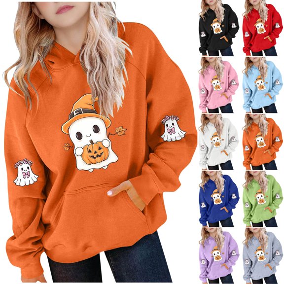 YUANxueke Cute Ghost Pumpkin Graphic Sweatshirt for Girls Long Sleeve Oversized Hooded Sweatshirt Casual Pullover Tops with Pocket