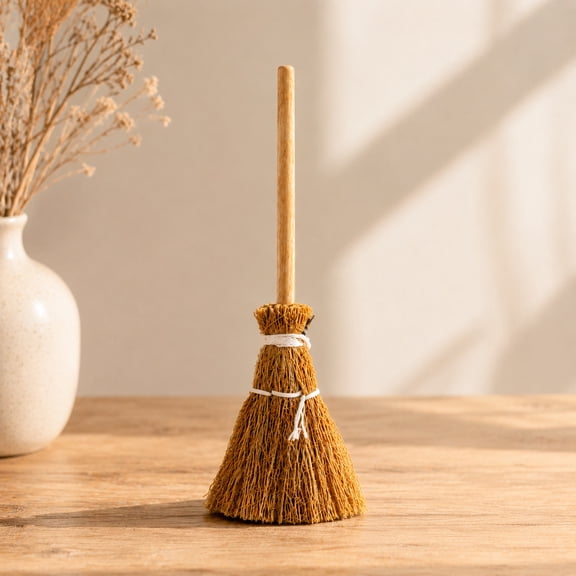 Natural Straw Mini Broom Ornament for Home Decor, White Wooden Decorative Accent, 3.54 Inches (1 Pack)