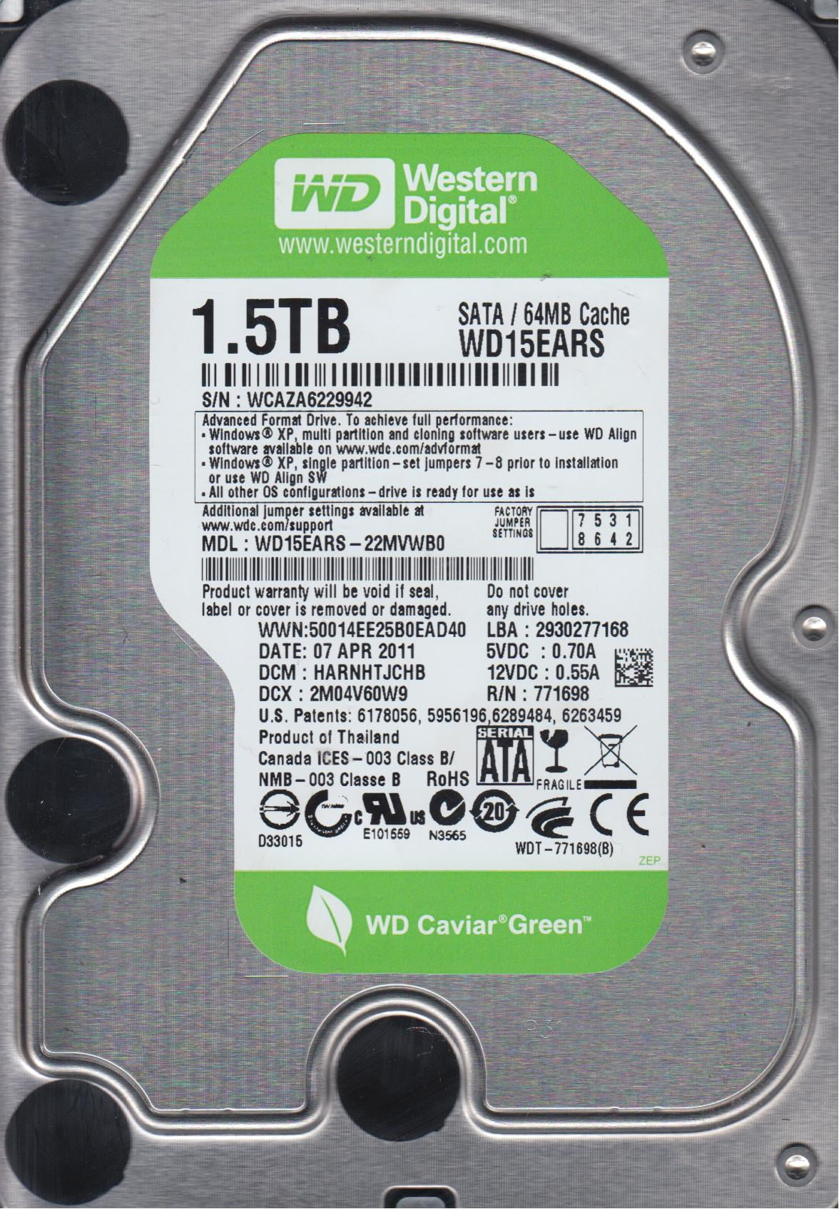 Western Digital 1.5 TB Caviar Green SATA Intellipower 32 MB Cache Bulk/OEM Desktop Hard Drive WD15EADS Western Digital WD15EARX - 1.5 TB IntelliPower 64 MB Cache SATA 6 Gb⁄s 3.5\"  Caviar Green Hard Drive