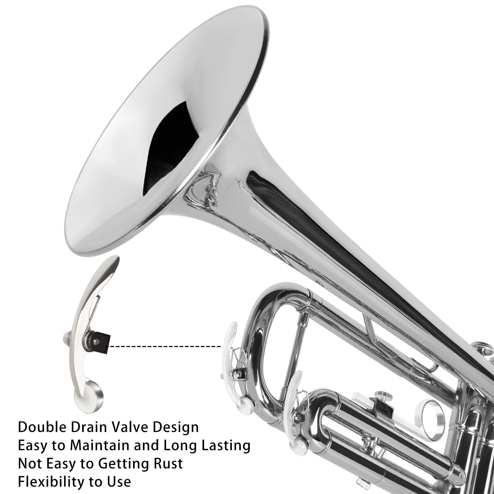 EASTROCK Bb Trumpet Nickel Plated Precision Valves with Sweat-Proof Grips Pro Care Kit Included for Novice User