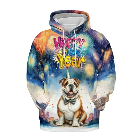 Happy New Year with Bulldog Fireworks Holiday Xmas Winter 2025 All Over Print 3D Hoodie Unisex Merch Hoodies Dog Lover Gifts Idea - 00025