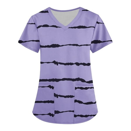 

Funicet Black and Friday Deals Womens Scrubs Tops Plus Size Short-Sleeve Nursing Uniform V Neck Working Uniform Striped T-Shirts Casual Blounce w/Pockets