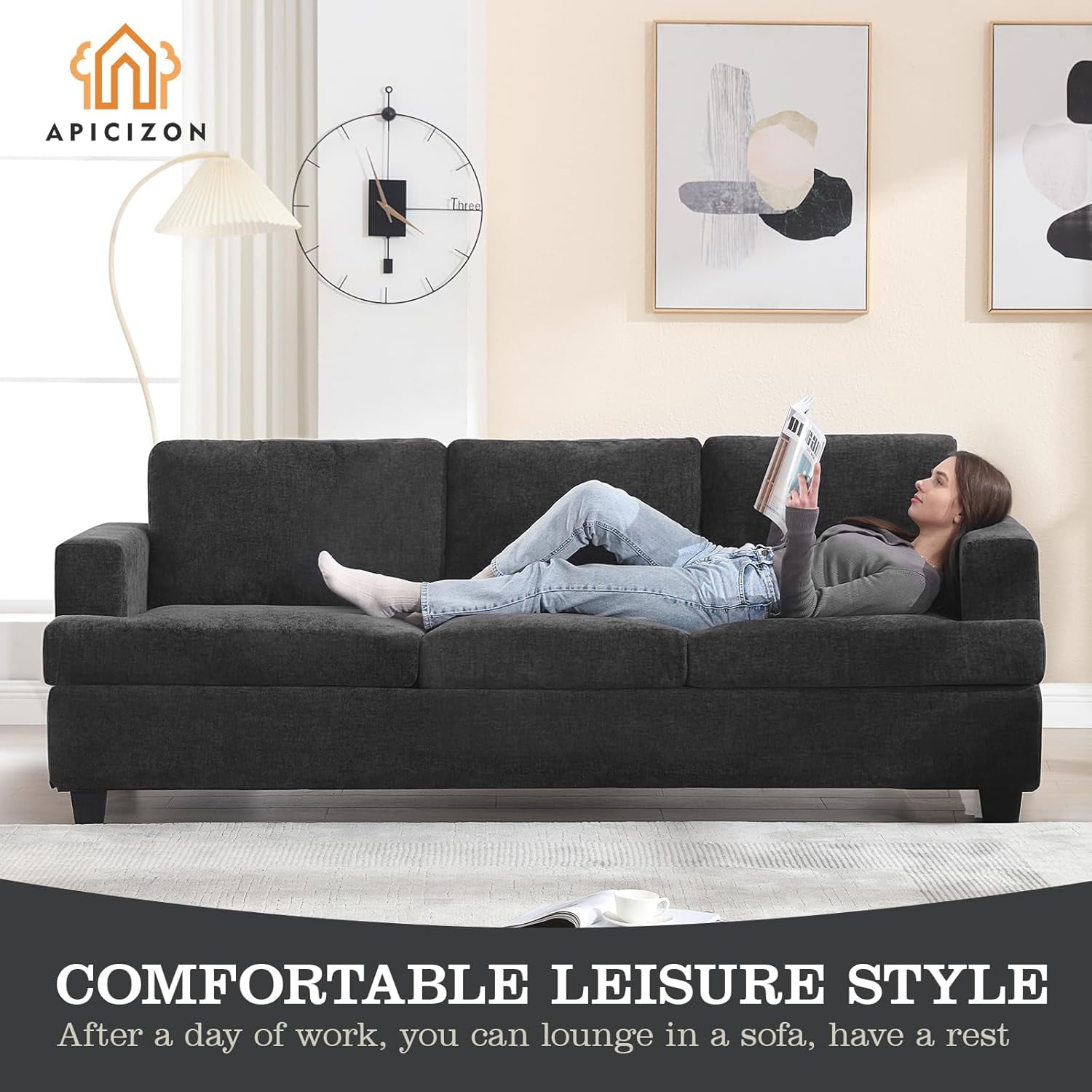Techmilly Modern Comfy Deep Seat Sofa,3 Seater,for Living Room Bedroom,Apartment,Lounge,Dark Gray Chenille