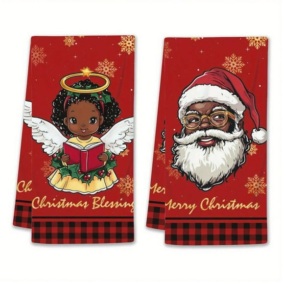 2pcs Vintage Christmas Kitchen Towels - Angel & Santa Claus Themed Decorative Towels, Super Soft Dish & Hand Towels, Whimsical Pattern Rectangular Tea Towels, Suitable For Holiday Home Decor