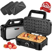 3-in-1 Sandwich Maker with Removable Plates, FOHERE Waffle Maker and Panini Press Grill, 1200W, Black