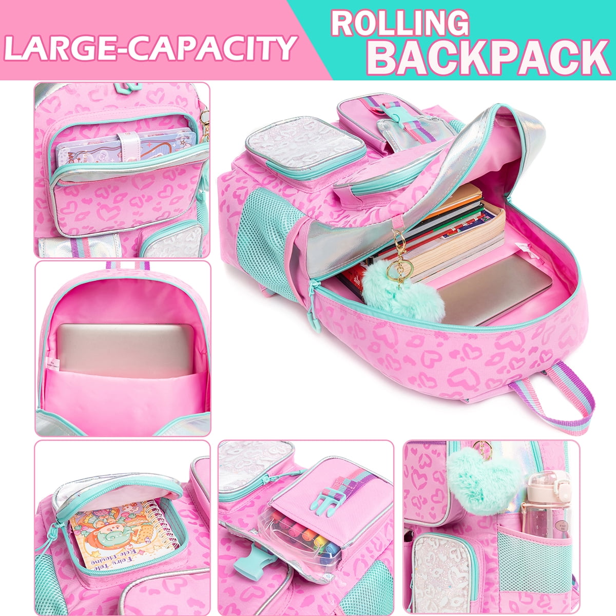 Kids Cute Rolling Backpack for Girls Trolley Pink School Bags Girls Backpacks with Wheels Kids Carry-on Travel Luggage for Ages 6-12