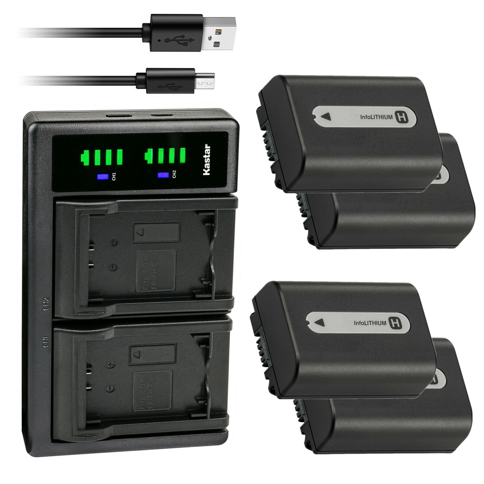 Kastar 4-Pack NP-FH50 Battery and LTD2 USB Charger Replacement for Sony HDR-SR56 HDR-SR60 HDR-SR62 HDR-SR67 HDR-SR7 HDR-SR70 HDR-SR8 HDR-SR80 HDR-SR82 HDR-SR87 HDR-SR90 HDR-TG1 HDR-TG3