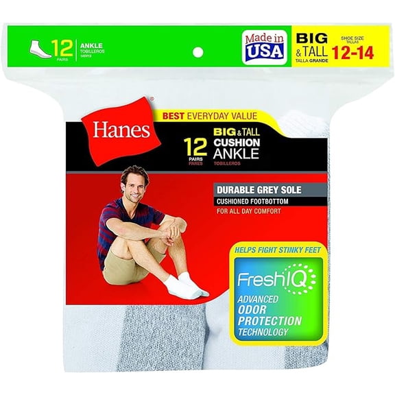 Hanes mens Ankle Socks, Double Tough, White & Black 12 Pack